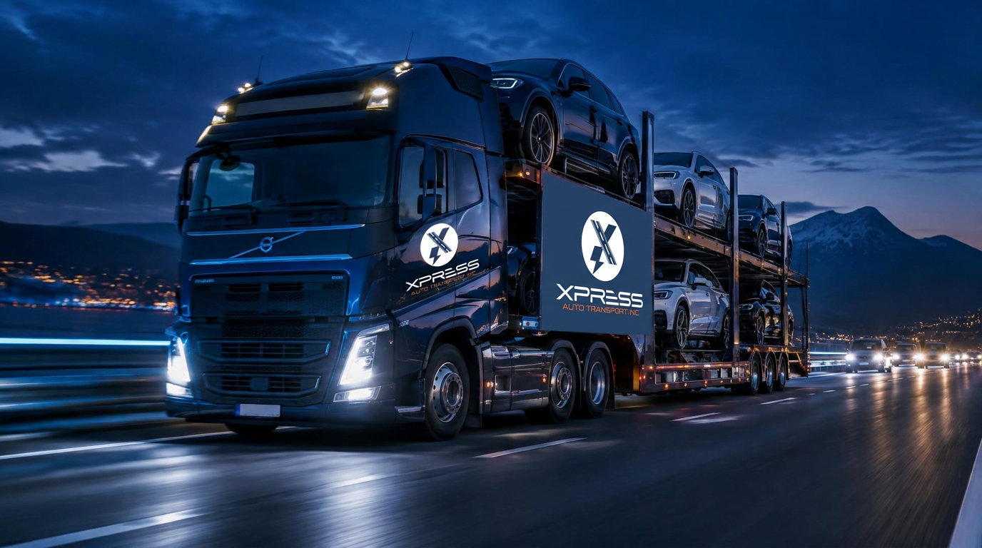 Car carrier transporting vehicles on a highway at dusk